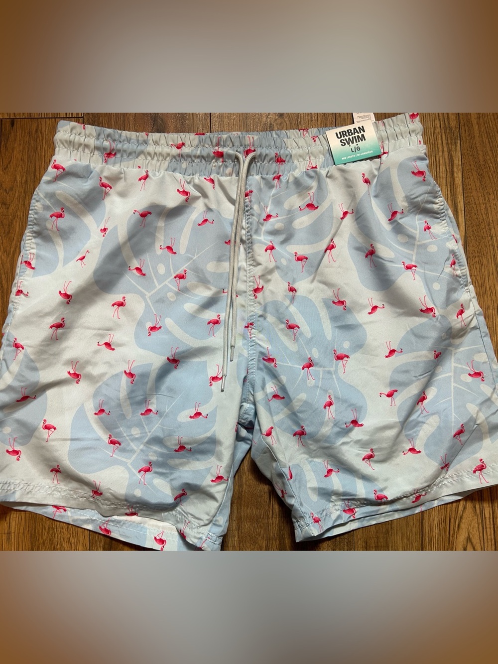 Urban Outfitters Light Blue Swim Trunks with Pink Flamingo Print